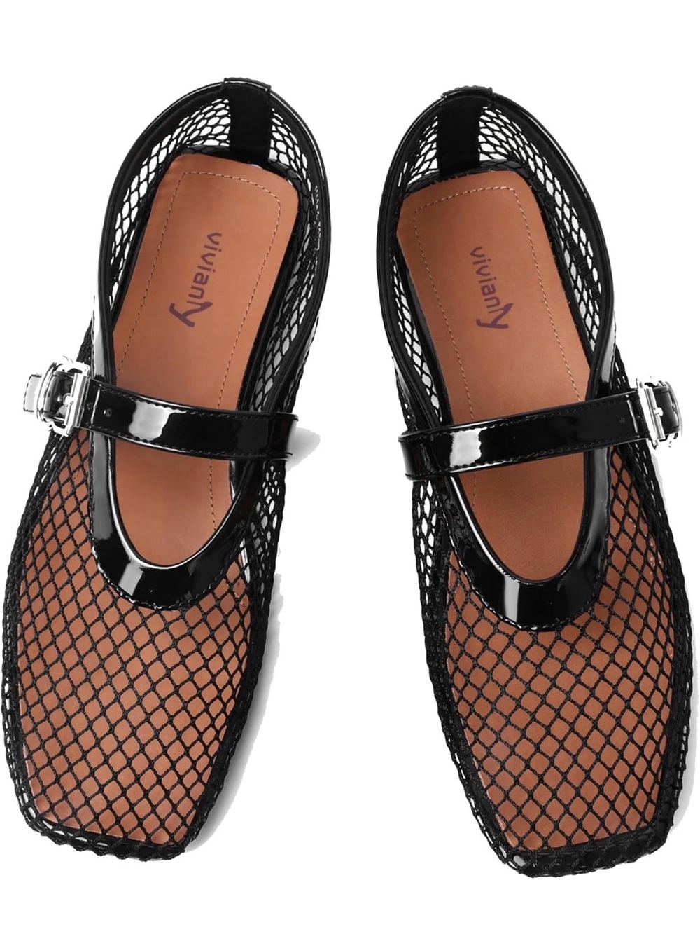 Vivianly Black Mesh Pointed-Toe Mary Jane Flats